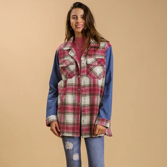 Umgee Tops - New UMGEE Plaid Flannel Fringe Shacket Magenta Pink Snap Up Denim Sleeves